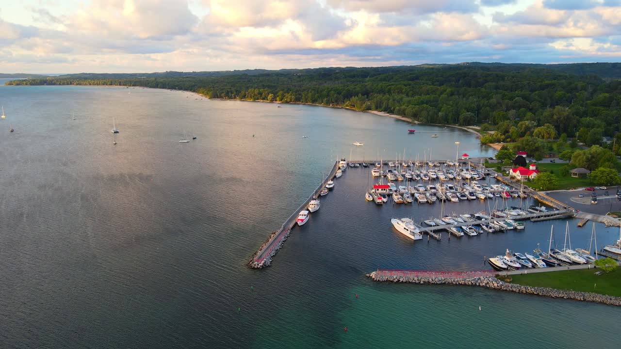 Beautiful small marina in Michigan, aerial drone view