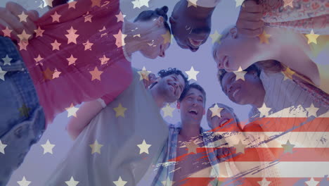 animation of flag of usa over happy diverse friends on beach in summer