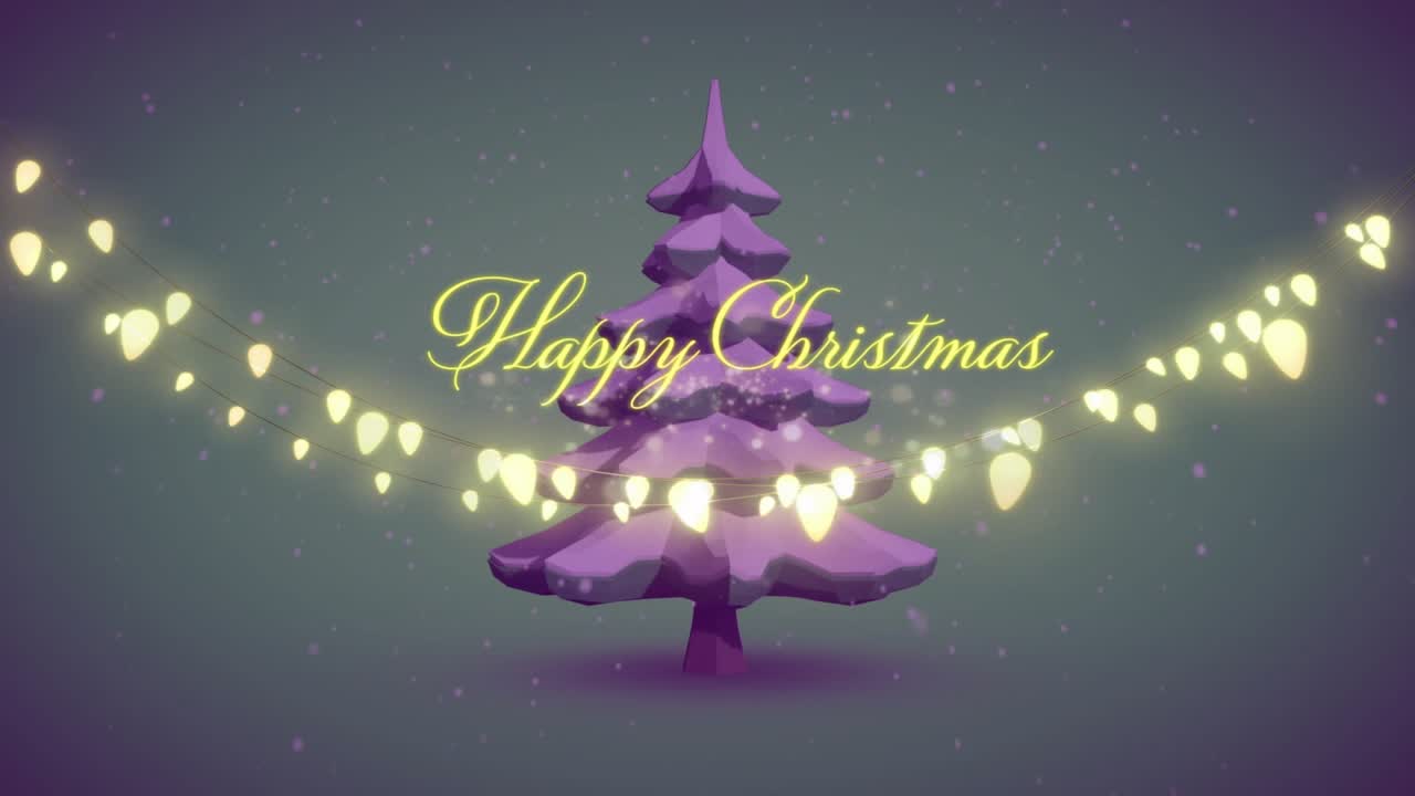 Yellow script appearing heart lights glowing wrapping purple tree forming Happy Christmas amid snow