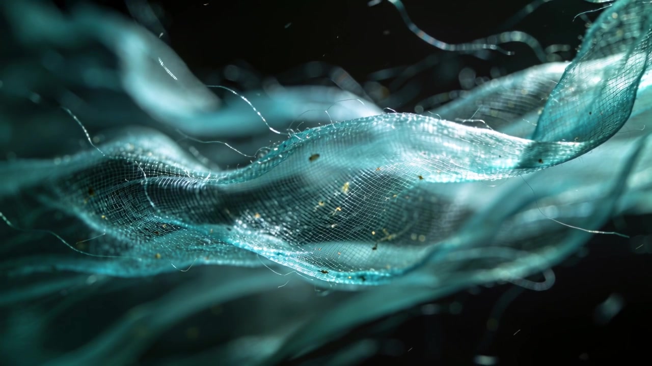 Undulating teal mesh ribbon in black void, reacting to wind, trailing filaments and scattering dust