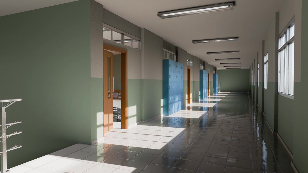 Corridoio scolastico vuoto con armadietti blu e luce solare naturale