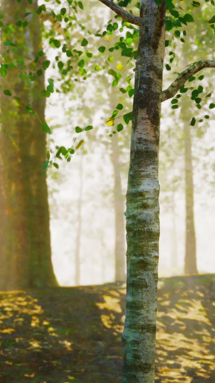 La luce del sole filtra attraverso gli alberi in una foresta durante le ore del mattino