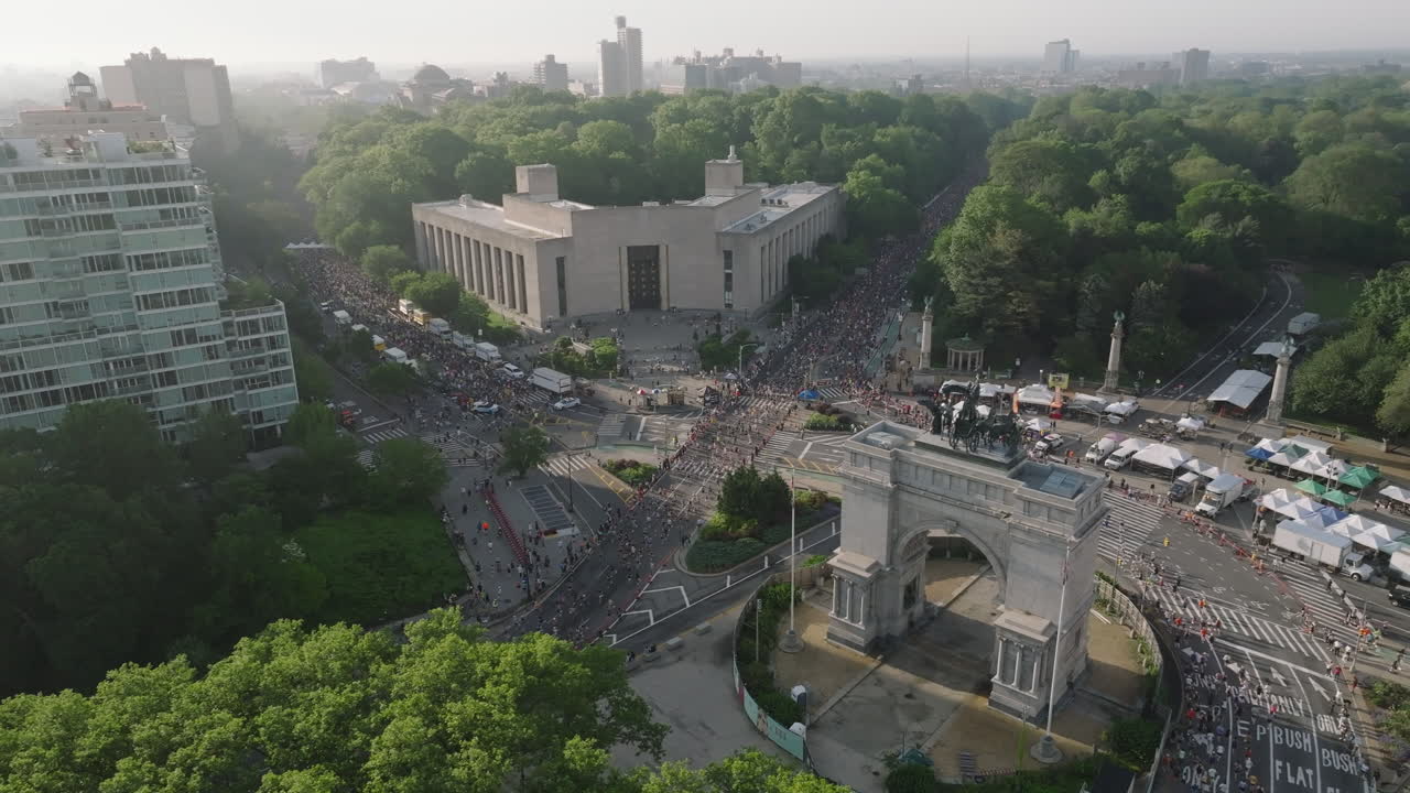 Aerial view of participants running the Brooklyn Half Marathon. Shot at Grand Army Plaza in New York City.