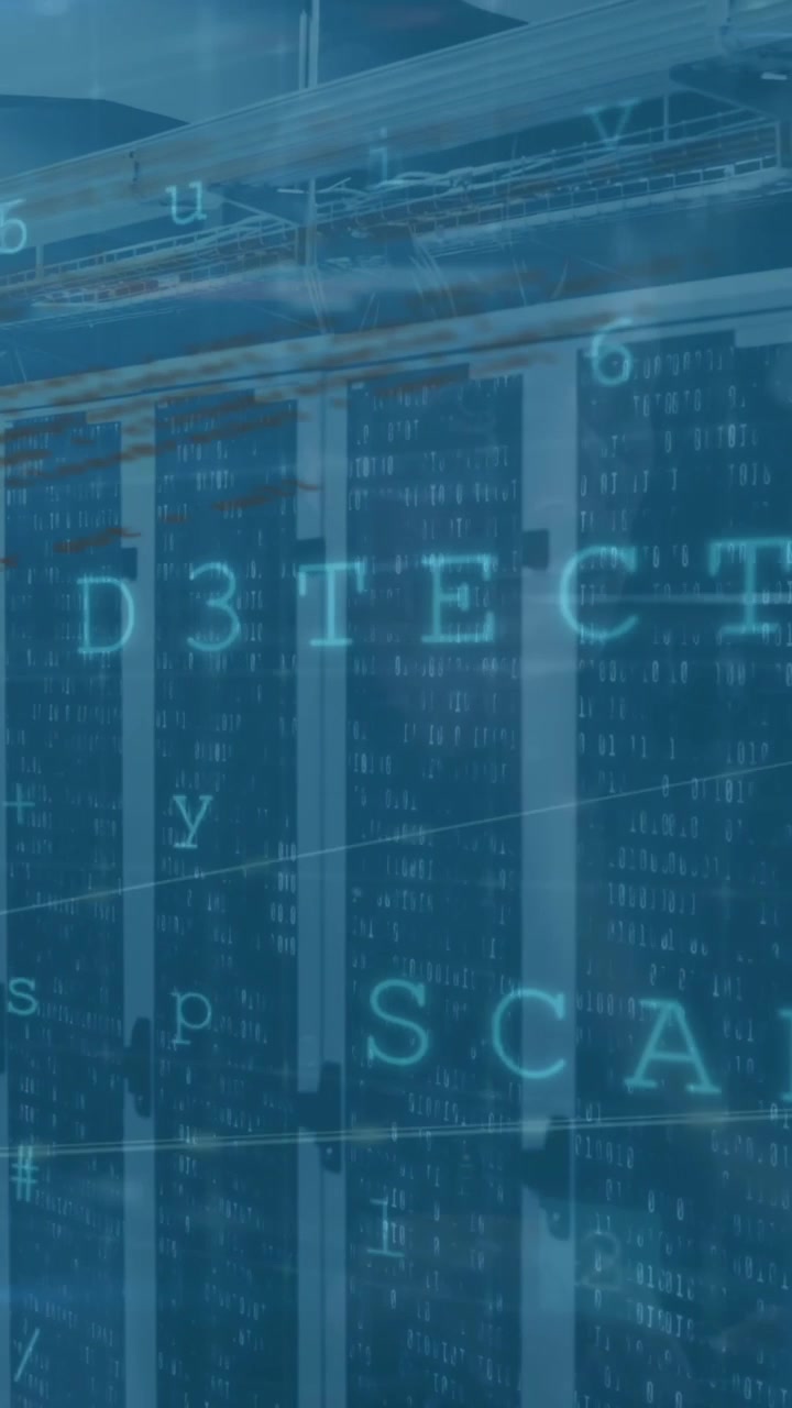 Animation of cyberattack warning with data processing and network of connections over server room