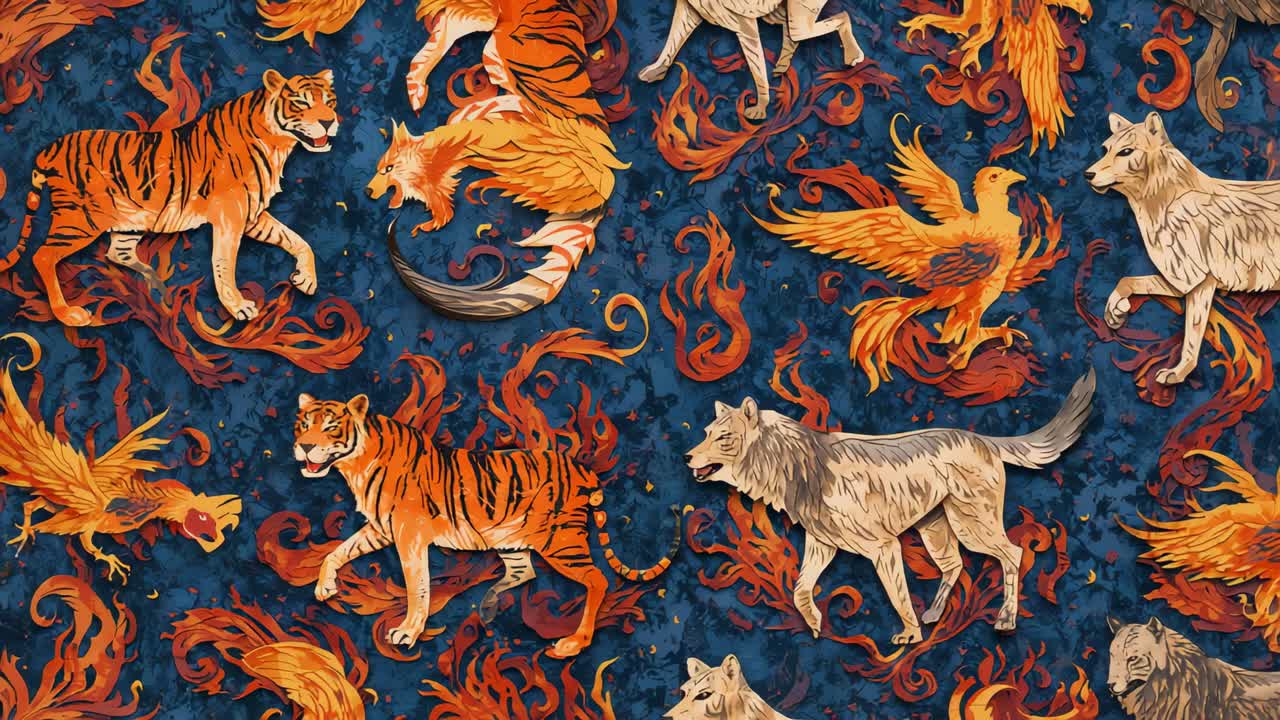 Opening on close-up camera capturing textile with tigers, wolves and phoenix-like birds with flame
