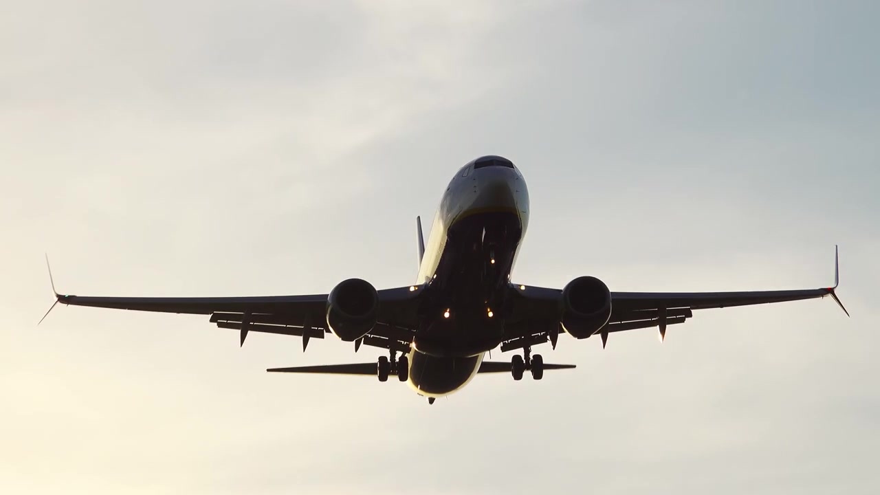 Grande aereo di linea che sorvola un cielo dorato