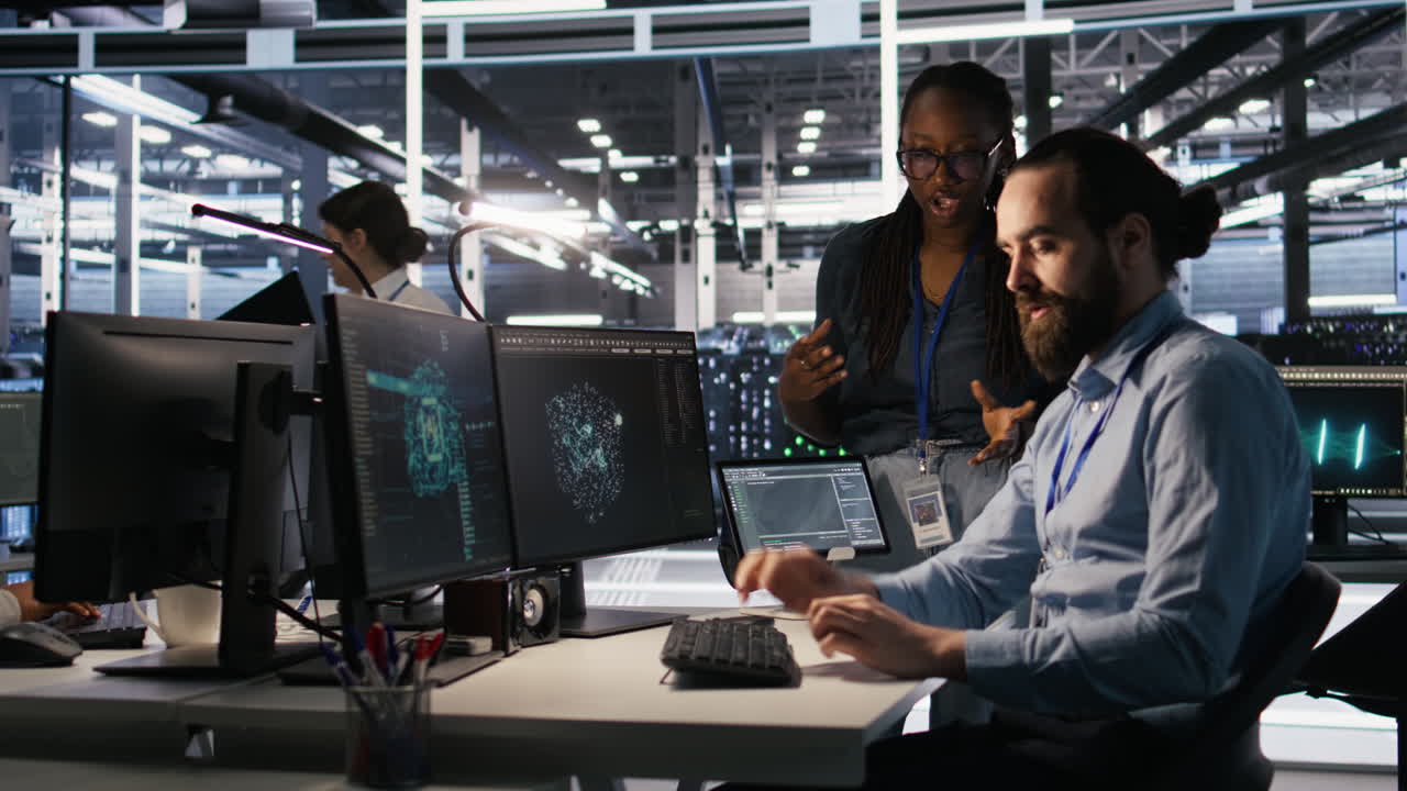 Vertical video Data center system administrators working together