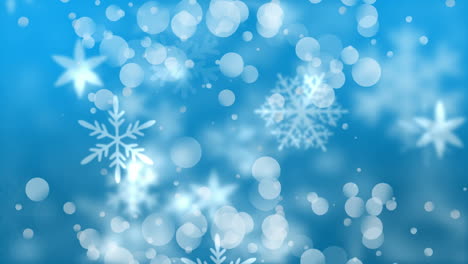 animación de copos de nieve y focos blancos sobre fondo azul