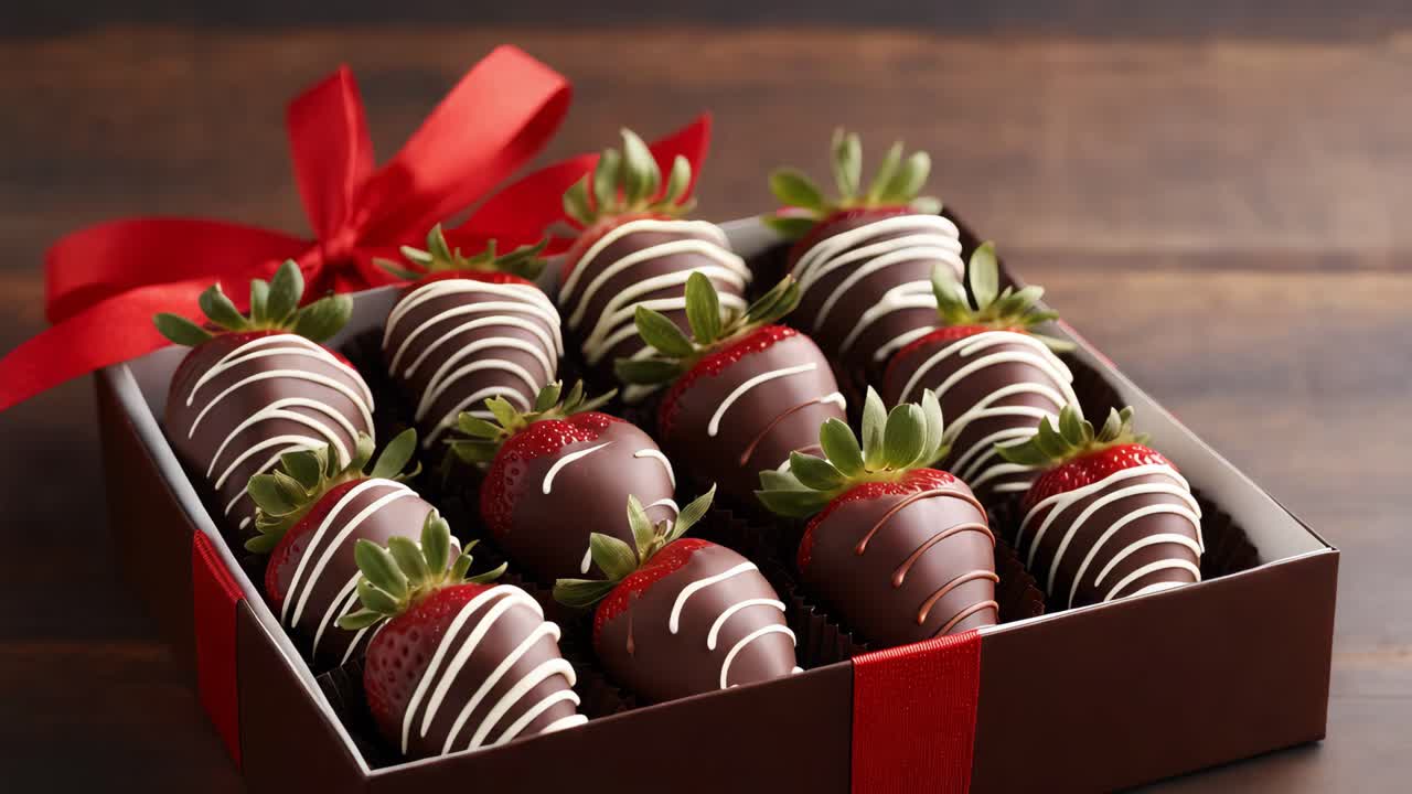 Delicious chocolate covered strawberries are beautifully arranged in a gift box, tied with a festive red ribbon, creating a perfect present for any occasion