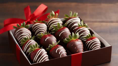 delicious chocolate covered strawberries are beautifully arranged in a gift box, tied with a festive red ribbon, creating a perfect present for any occasion