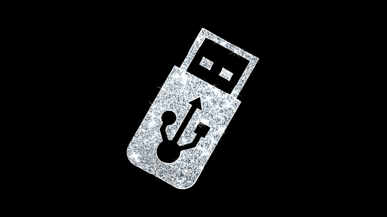 el icono de la unidad flash usb brilla en un bucle de brillo con partículas parpadeantes.
