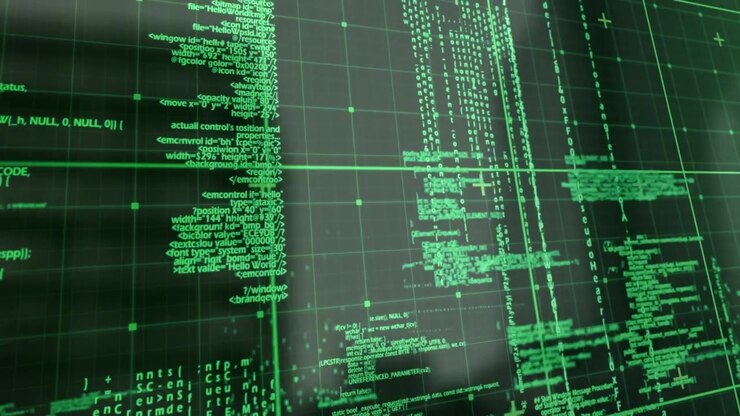 Animation of grid pattern over computer programming language against black background