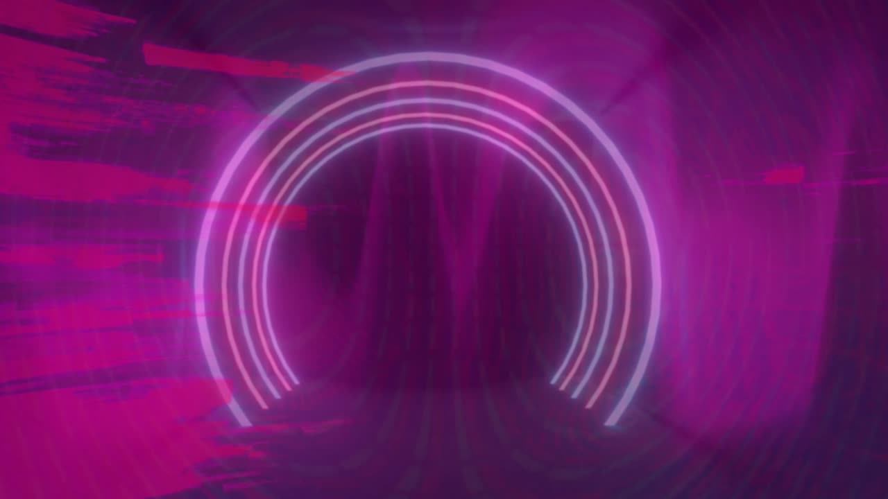 Gradient wall rippling, neon semicircles fading, glitch bars flashing, forming futuristic tunnel