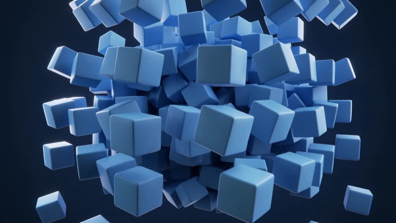 Light-blue cubes swirling then converging on central pull, aligning into composite cube for tech