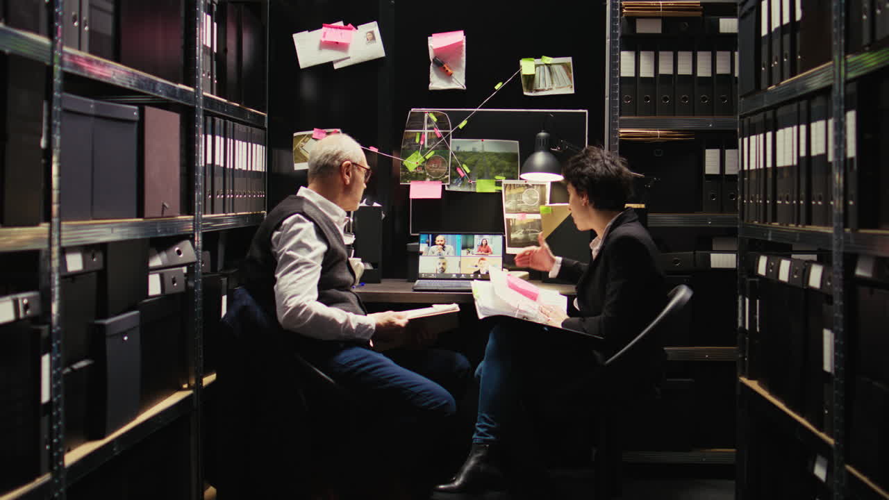 Detectives collaborating on a case in their office with video call support