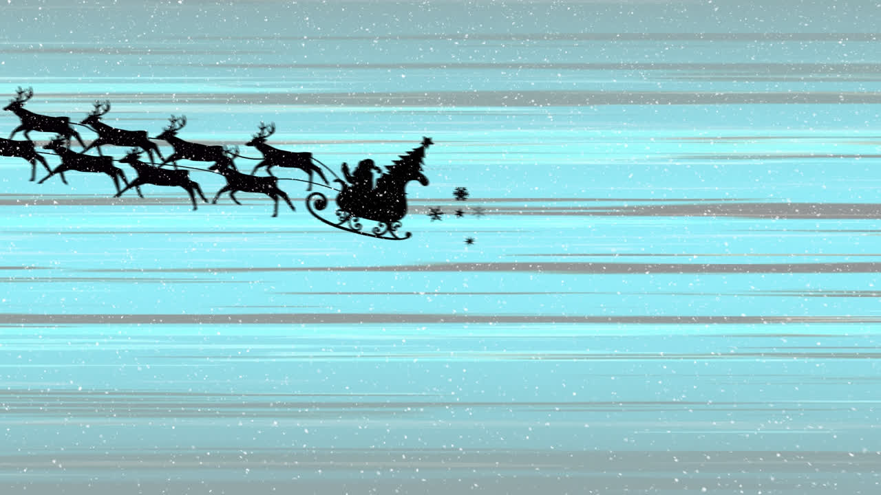Snow falling on santa claus in sleigh being pulled by reindeers and light trails on blue background