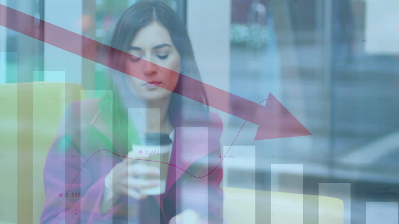 Businesswoman in office with declining graph and arrow overlay animation
