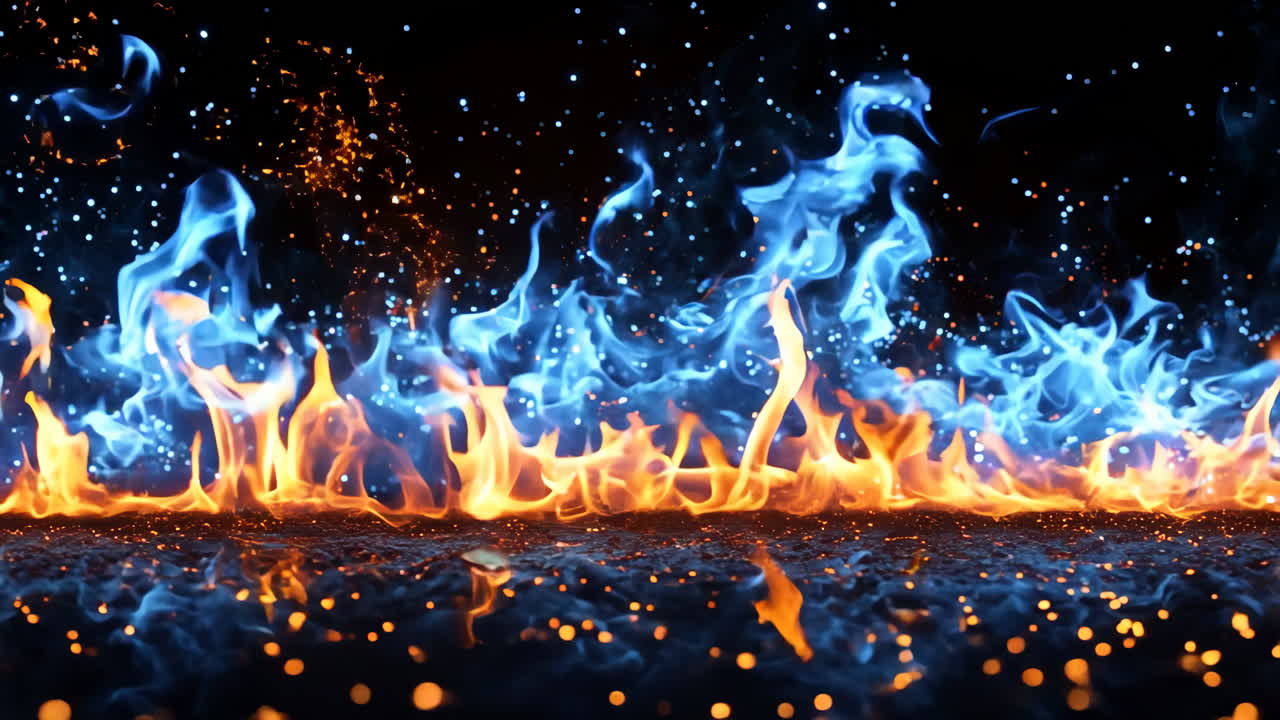 A blue and orange flame with a lot of sparks. The fire is very large and is surrounded by a lot of sparks