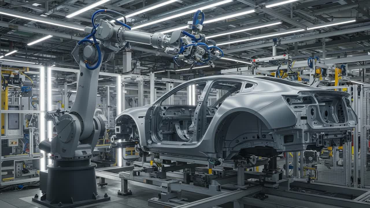 High-Tech Manufacturing Process: Automated Robotic Arm Working on Vehicle Chassis in Modern Factory Setting with Advanced Lighting and Precision Engineering Techniques