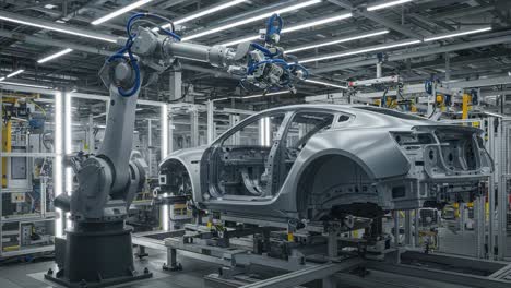 high-tech manufacturing process: automated robotic arm working on vehicle chassis in modern factory setting with advanced lighting and precision engineering techniques