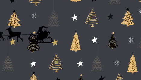 animation of santa claus in sleigh with reindeer over stars and christmas tree texture