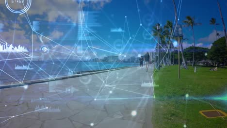 animation of network of connections and data processing over fit caucasian man jogging at sea