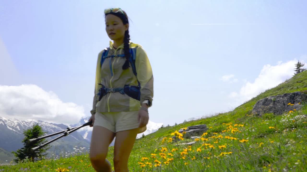 몽블랑 알프스 산맥의 야생 꽃 길에서 멋진 풍경을 감상하는 여성 트레커를 향해 기울어보십시오.