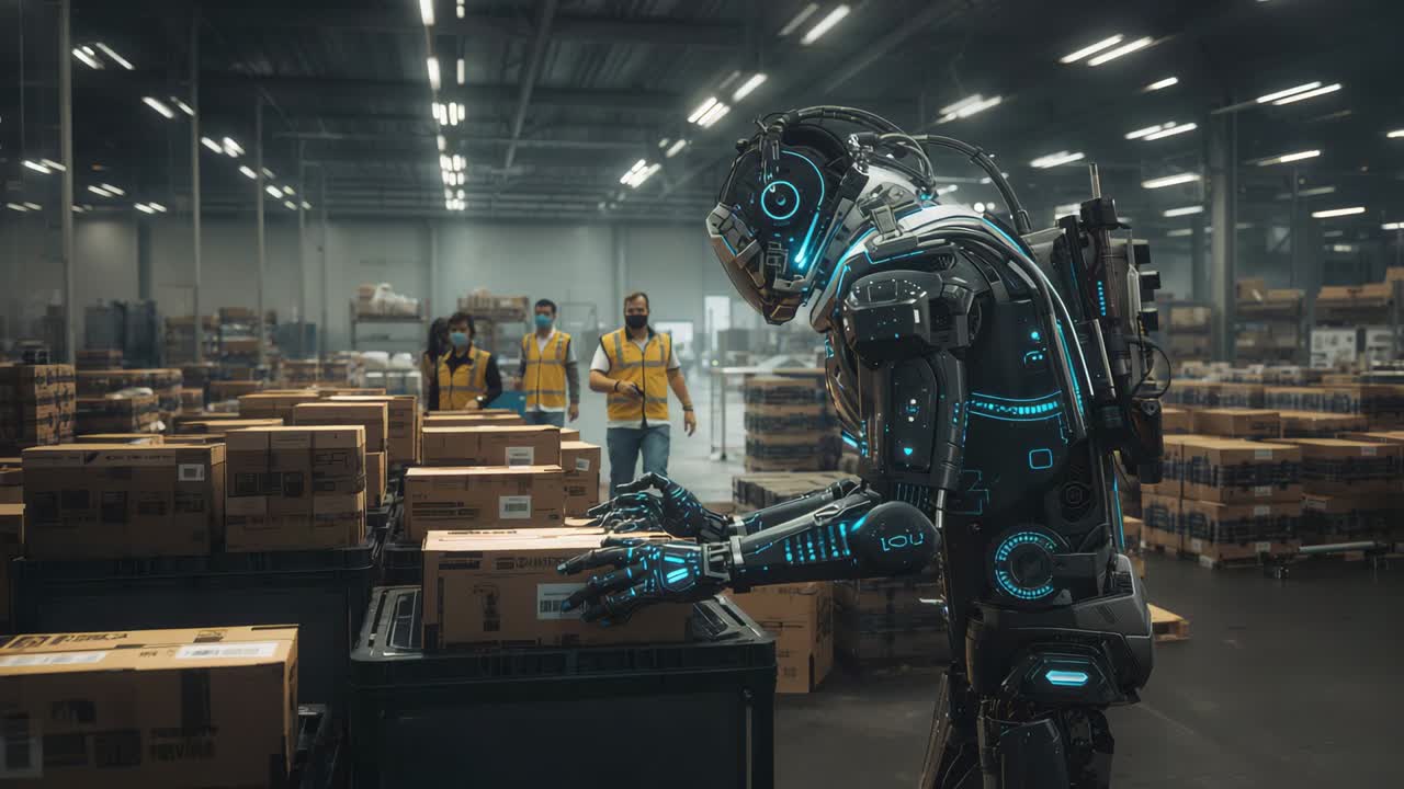 Starting on-command robot placing box into cart in warehouse, masked yellow vests supervising demo