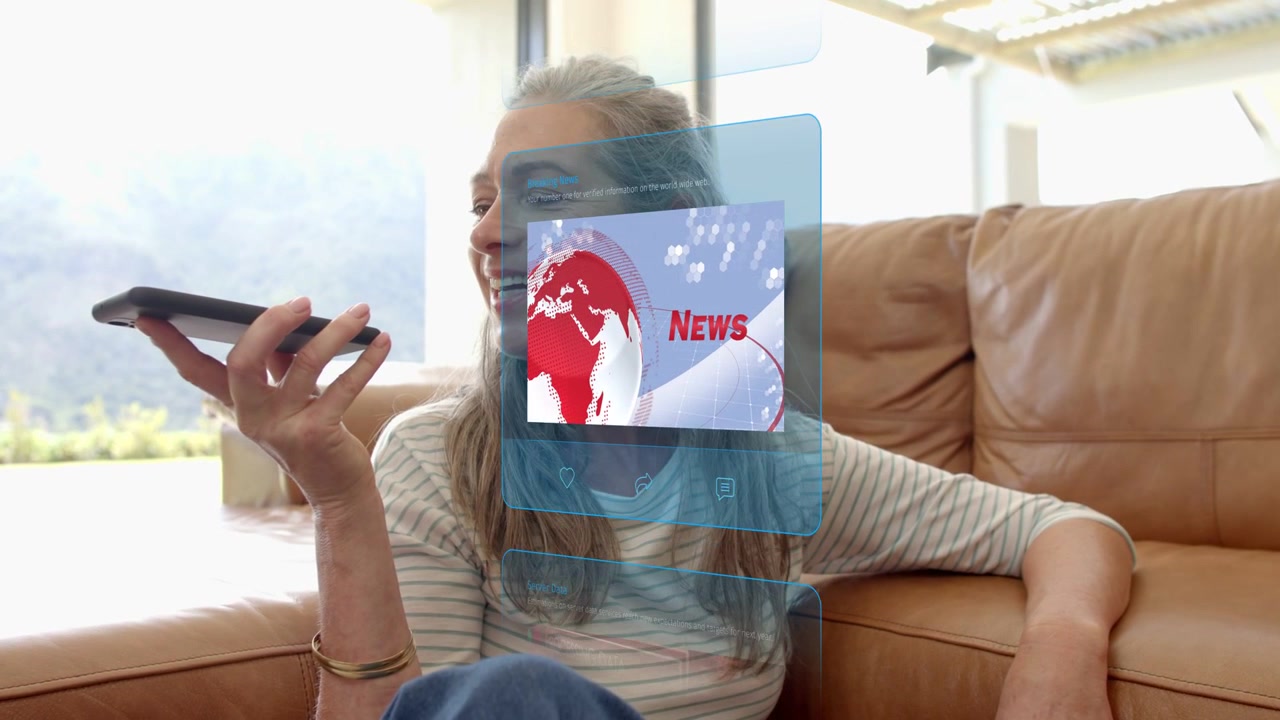 Kvinne snakker i telefonen og aktiverer AR-paneler med sykkelkart, klokke, nyheter og aksjer for finans