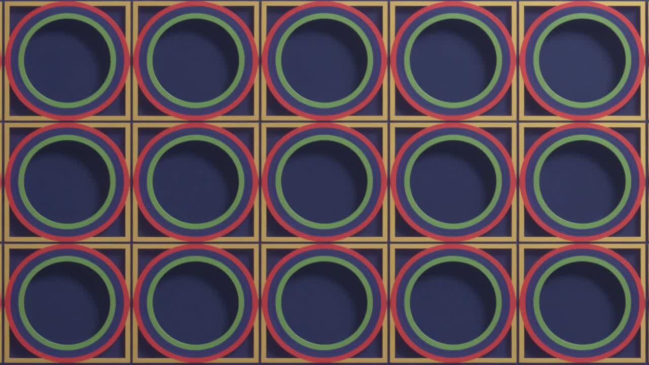 Distorting tiled grid starting blur onscreen, shifting ringed grid into amber strands gold-framed