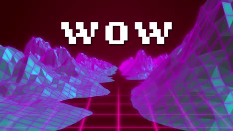 Animation-Von-Weißem-Pixeltext-„Wow“,-über-Einem-Beweglichen-Rosa-Gitter-Mit-Violetter-Landschaft