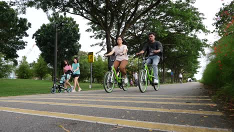 escena del parque con personas caminando y andando en bicicleta