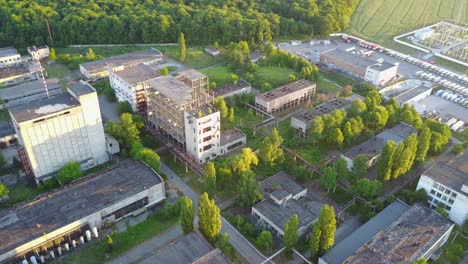 factory with broken windows. aerial view of an old factory ruin and broken windows