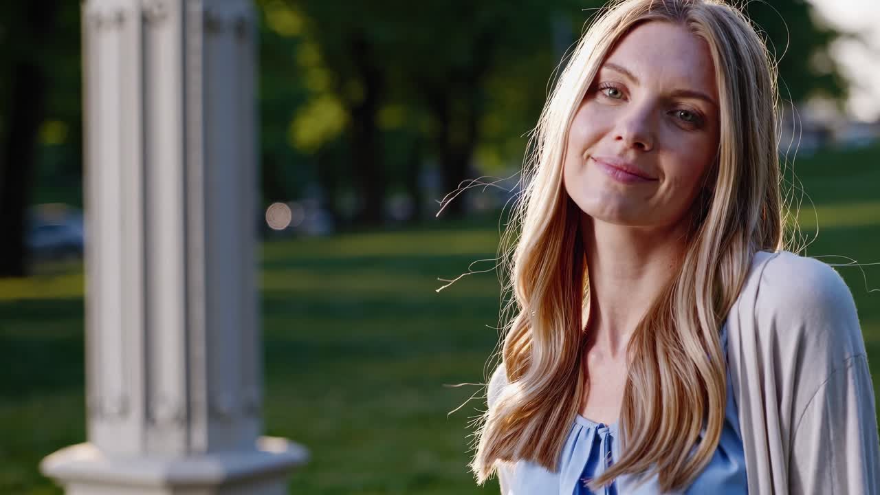 Blonde woman wearing light blue shirt and white cardigan standing in sunny park, radiating cheerful expression and elegant style during bright summer day