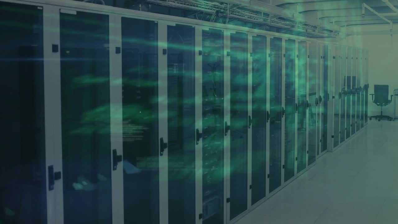 Serverracks, der venter i datacentrets korridor på startkodekaskadering, visualisering af sløjfer, fading