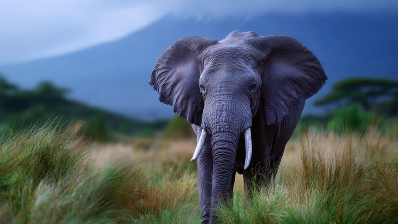 Majestic elephant standing in vibrant grassland, surrounded by a breathtaking backdrop of mountains under a calm sky, showcasing nature's incredible beauty