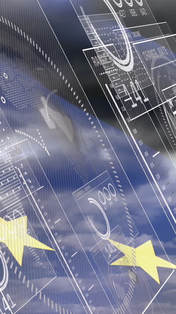 animación de la bandera de la unión europea y procesamiento de datos financieros