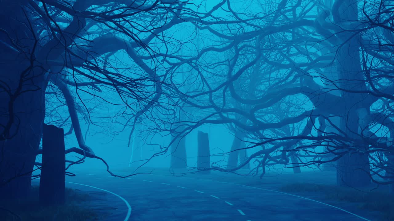Road through the dark blue creepy forest 3D animation video
