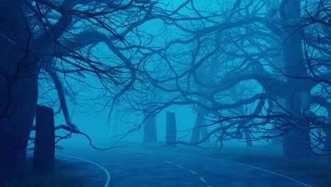 road through the dark blue creepy forest 3d animation video