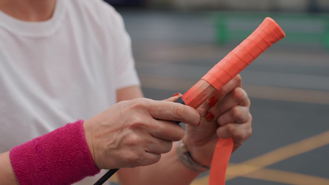 Una donna avvolge con cura l'impugnatura prima della partita. Le mani completano saldamente l'avvolgimento dell'impugnatura della racchetta da badminton per la competizione. Primo piano di una giocatrice che fissa e avvolge con attenzione l'impugnatura della racchetta prima dell'inizio del match.