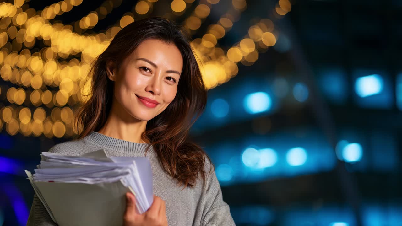 A confident young woman stands amidst a backdrop of shimmering lights, holding a stack of papers. Her warm smile radiates positivity as she embraces the atmosphere of creativity and ambition