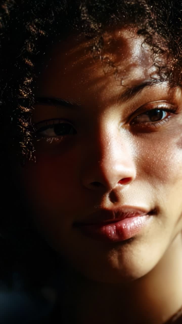 A close-up portrait of a young woman with curly hair illuminated by soft light, capturing the intricate play of shadows and highlights across her face and features