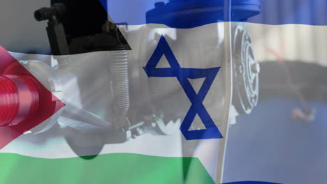 animation of oil pipe over flag of israel and palestine