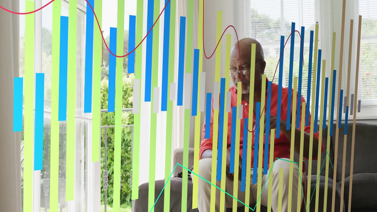 Senior man reaching and tapping health device to inspect, leaning on cane, animated bars hiding man