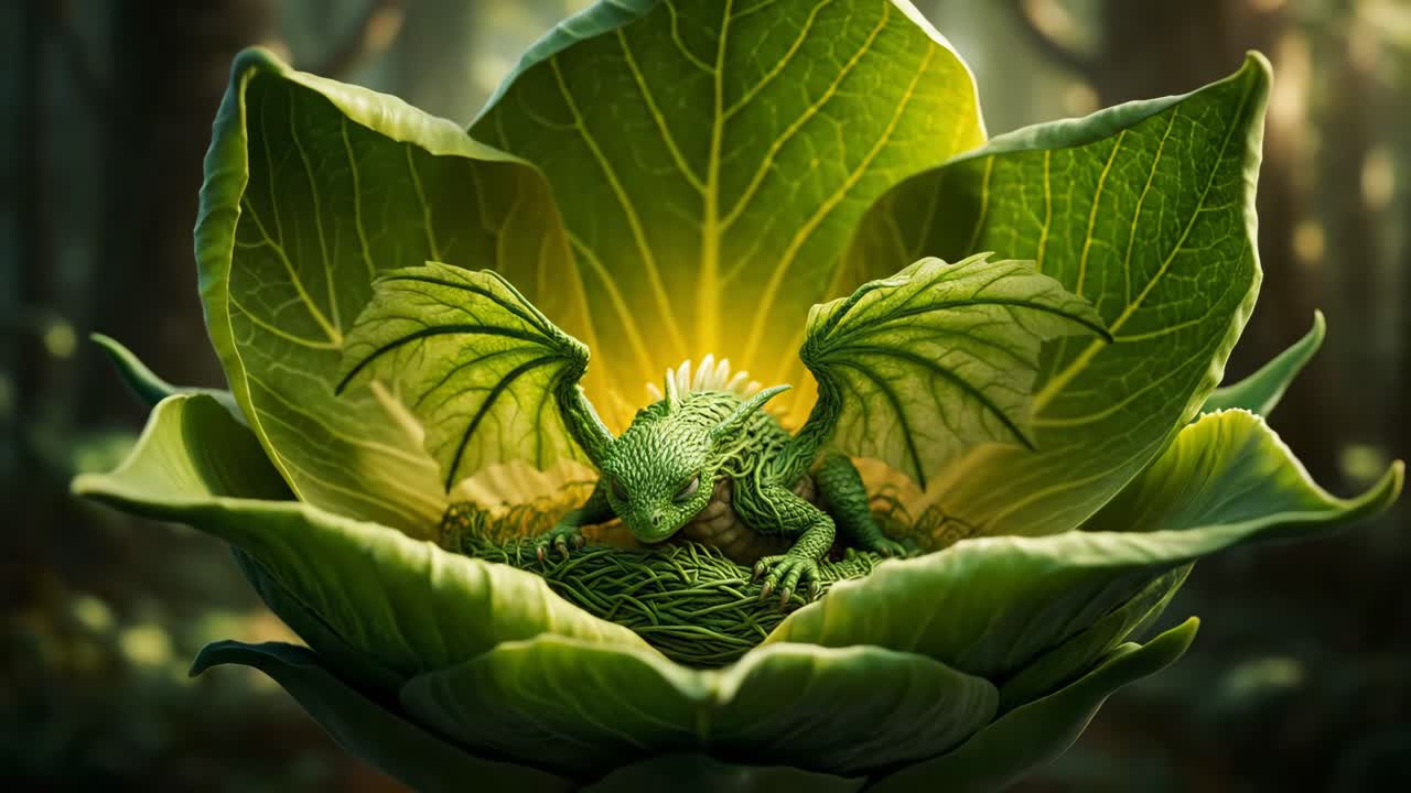 Baby Dragon Nestled in a Cabbage