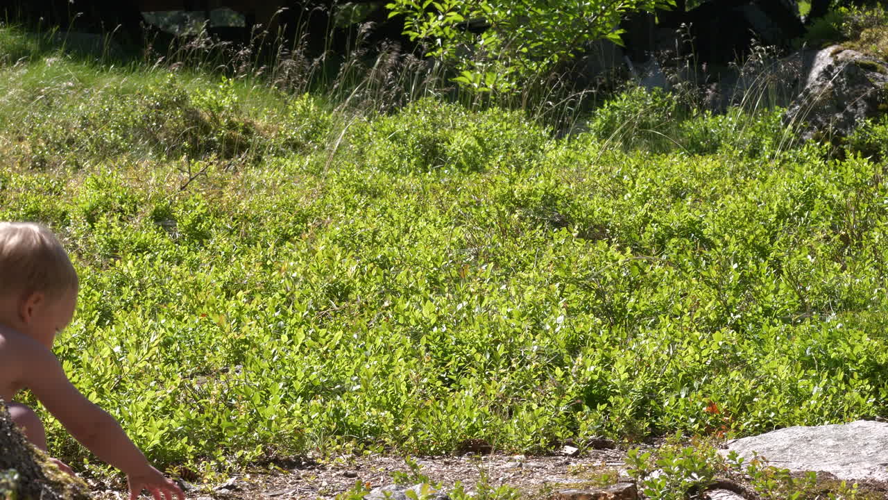 niño pequeño caminando torpemente descalzo en terreno forestal, girando a la derecha