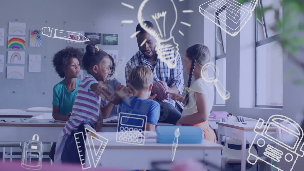 animación de iconos escolares sobre diversos escolares y maestros varones