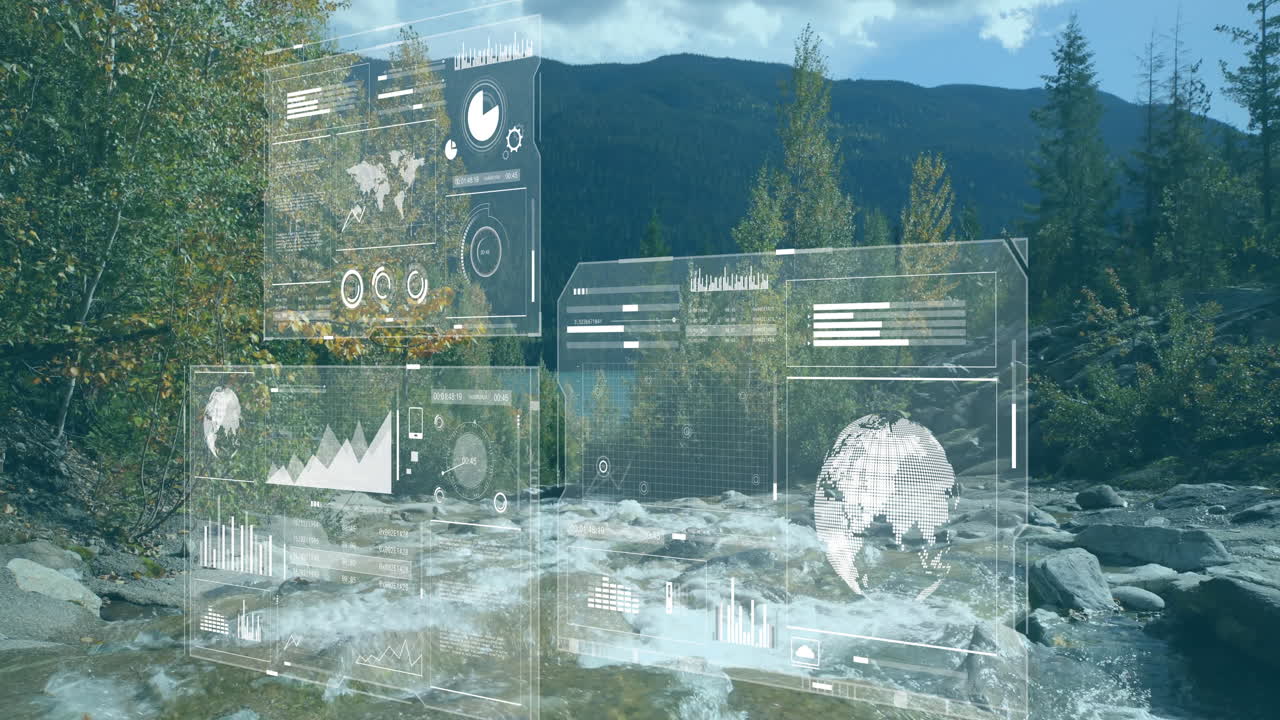 Translucent holographic panels floating above mountain river, displaying world maps and data charts
