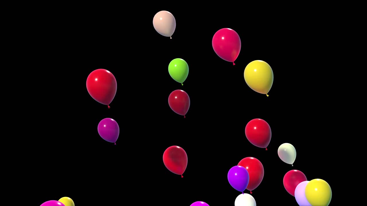 Bellissimi palloncini colorati e lucidi che girano e volano in alto e a sinistra su sfondo nero, animazione 3D