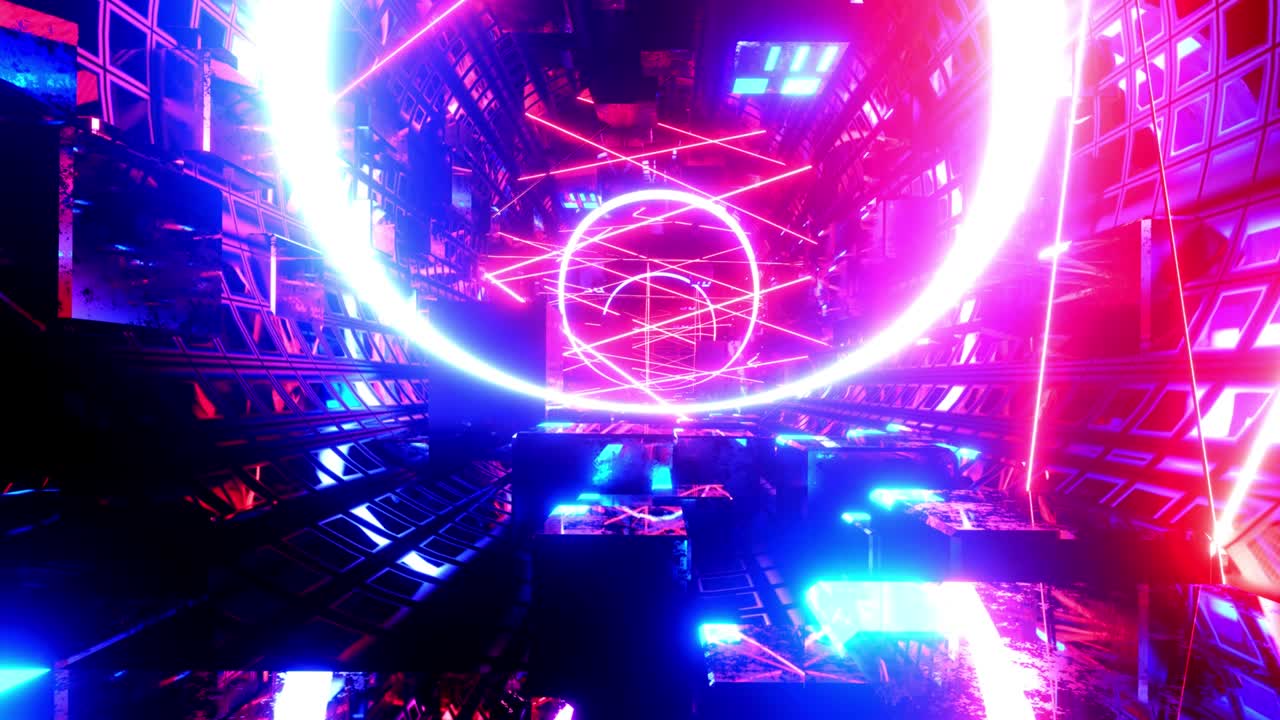 Glow laser lines. Hi-tech neon sci-fi tunel. Trendy neon glow lines form pattern and construction in mirror tunnel. Fly through technology cyberspace. 3d almost looped 4k bright youth background.